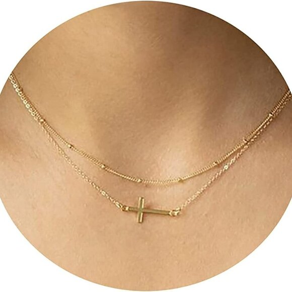 14K Gold Plated Layered Satellite Cross Pendant Necklace Faith Necklace